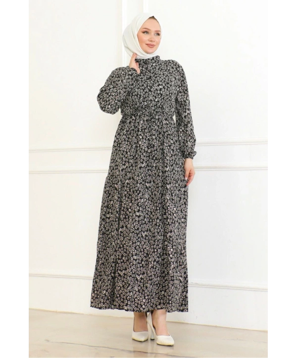 Papatya Desenli Viskon Elbise - Siyah/Pembe detaylı