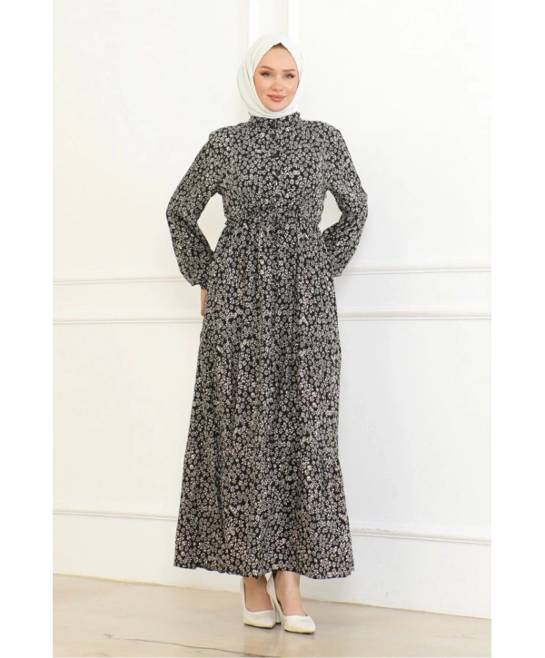 Papatya Desenli Viskon Elbise - Siyah/Pembe detaylı