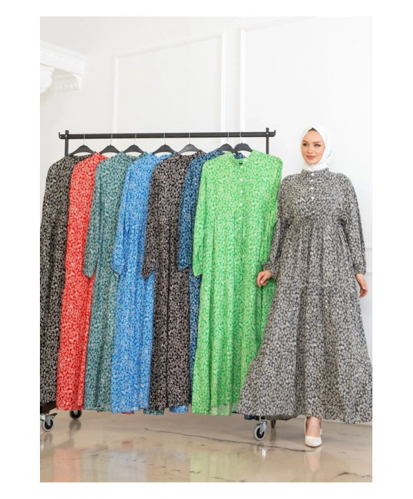 Papatya Desenli Viskon Elbise - Siyah/Pembe detaylı