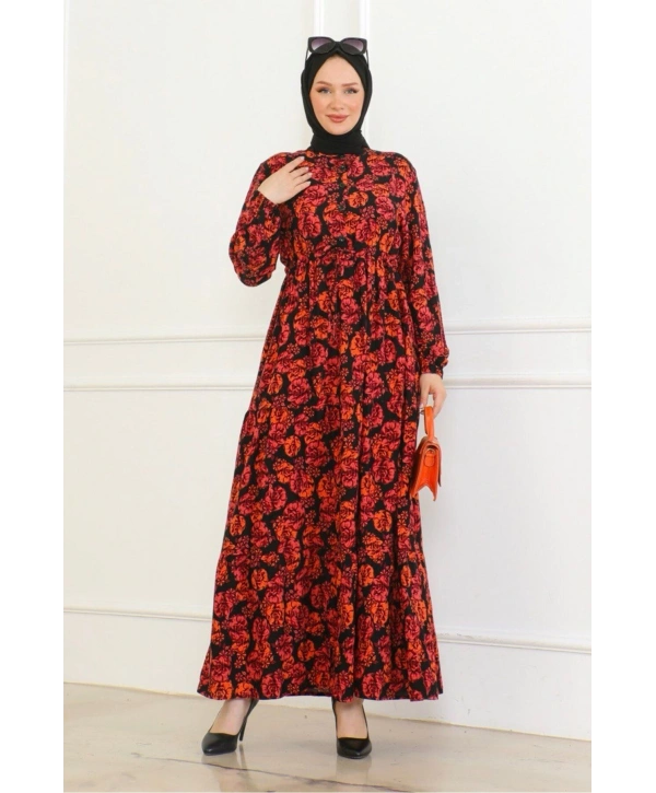 Çiçek Desenli Bağlamalı Viskon Elbise - Turuncu