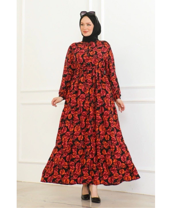 Çiçek Desenli Bağlamalı Viskon Elbise - Turuncu