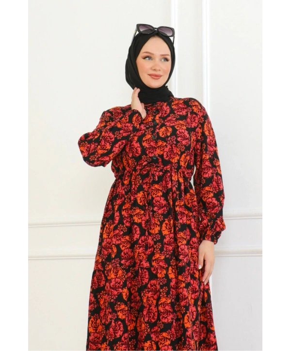 Çiçek Desenli Bağlamalı Viskon Elbise - Turuncu