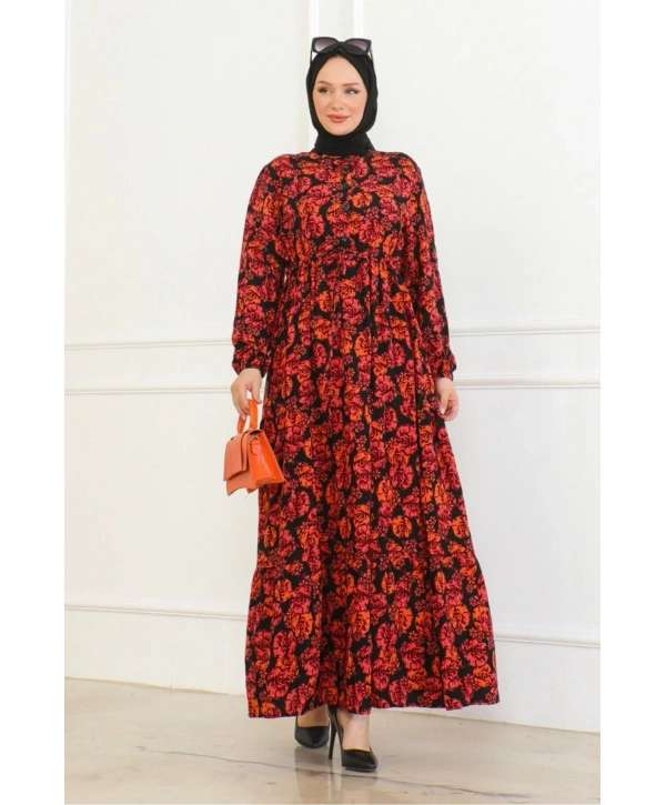 Çiçek Desenli Bağlamalı Viskon Elbise - Turuncu