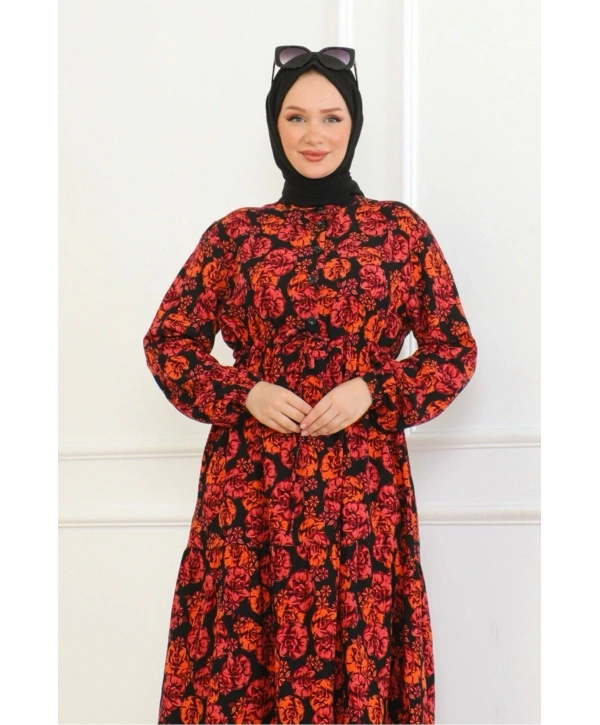 Çiçek Desenli Bağlamalı Viskon Elbise - Turuncu