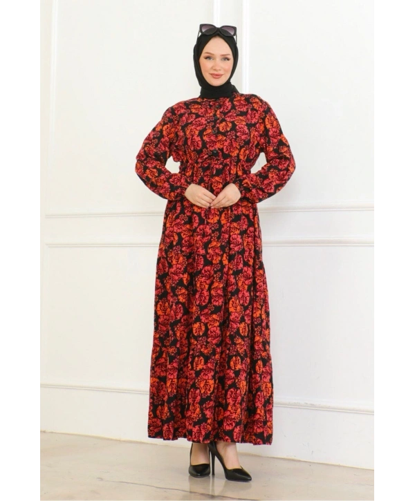 Çiçek Desenli Bağlamalı Viskon Elbise - Turuncu