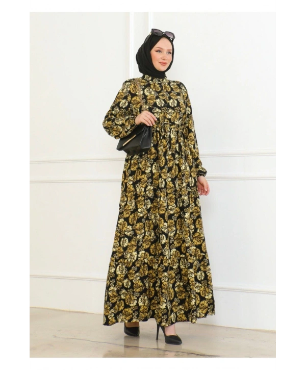 Çiçek Desenli Bağlamalı Viskon Elbise - Sarı