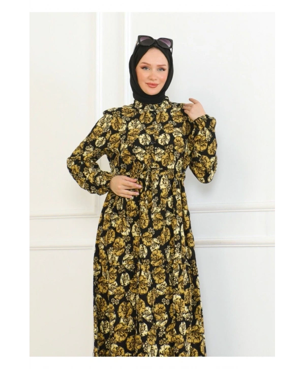 Çiçek Desenli Bağlamalı Viskon Elbise - Sarı