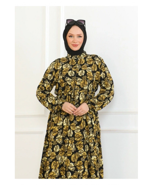 Çiçek Desenli Bağlamalı Viskon Elbise - Sarı