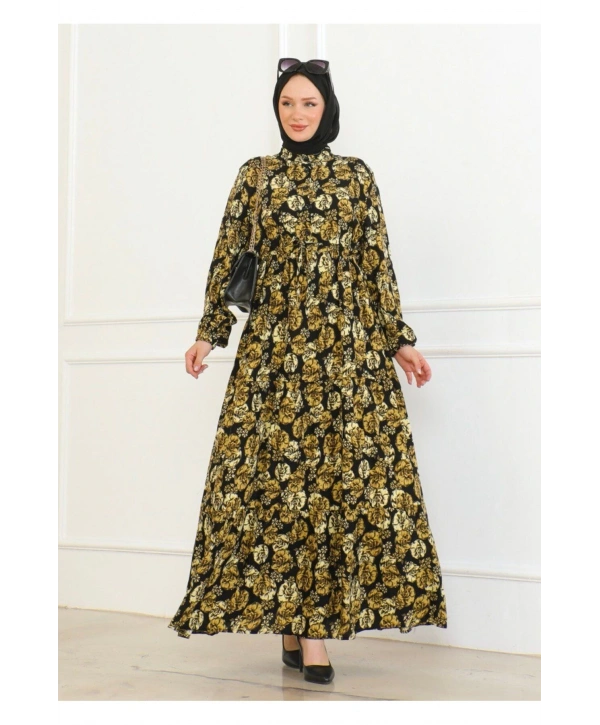 Çiçek Desenli Bağlamalı Viskon Elbise - Sarı