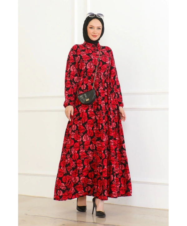 Çiçek Desenli Bağlamalı Viskon Elbise - Kırmızı