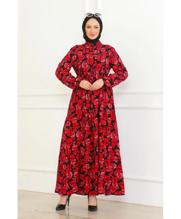 Çiçek Desenli Bağlamalı Viskon Elbise - Kırmızı