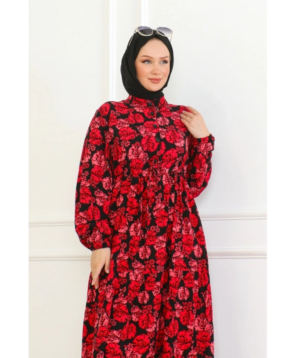 Çiçek Desenli Bağlamalı Viskon Elbise - Kırmızı