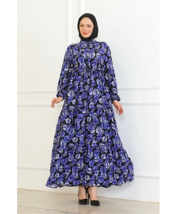 Çiçek Desenli Bağlamalı Viskon Elbise - Mor