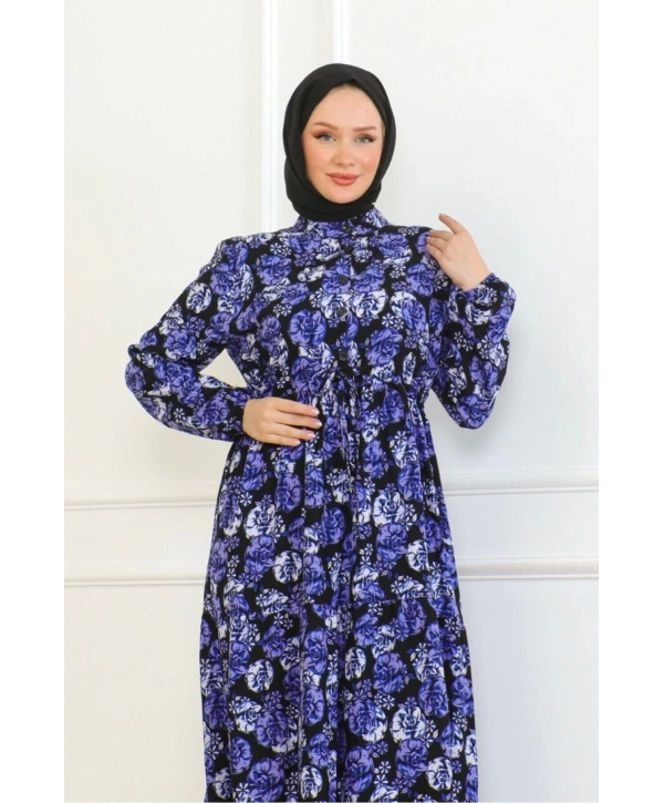 Çiçek Desenli Bağlamalı Viskon Elbise - Mor