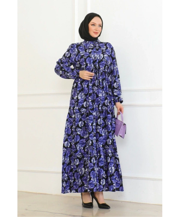 Çiçek Desenli Bağlamalı Viskon Elbise - Mor