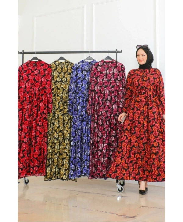 Çiçek Desenli Bağlamalı Viskon Elbise - Mor