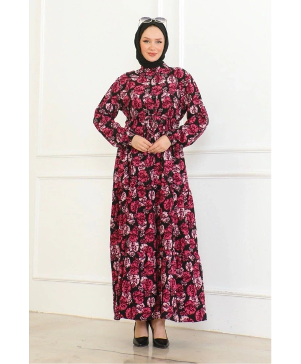 Çiçek Desenli Bağlamalı Viskon Elbise - Gül Kurusu