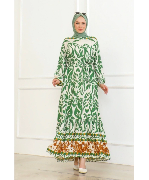 Desenli Etek Uçları Renkli Viskon Elbise - Yeşil