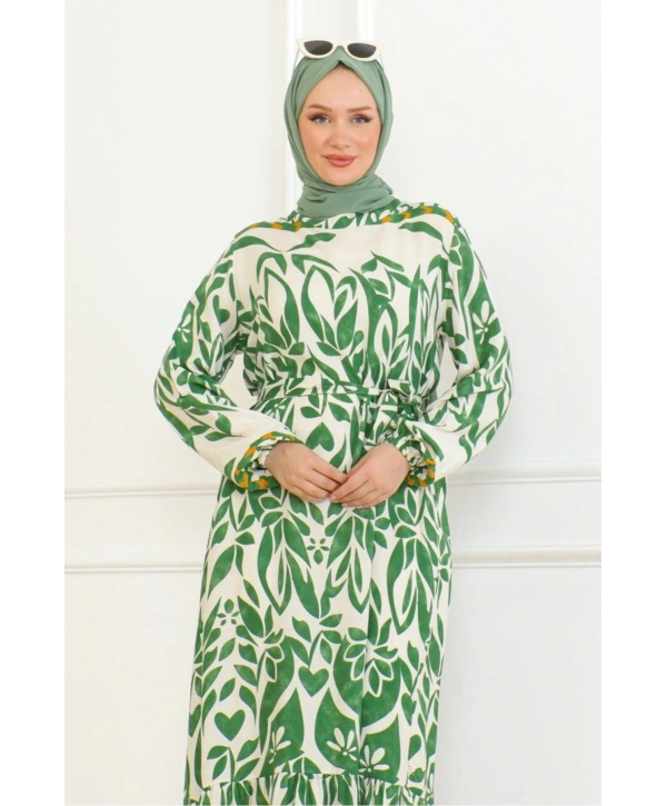 Desenli Etek Uçları Renkli Viskon Elbise - Yeşil