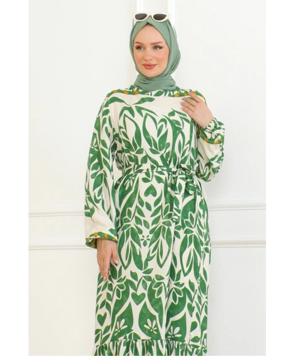 Desenli Etek Uçları Renkli Viskon Elbise - Yeşil