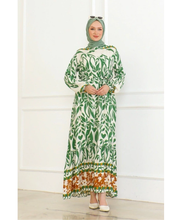 Desenli Etek Uçları Renkli Viskon Elbise - Yeşil