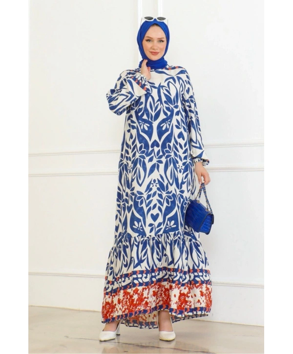 Desenli Etek Uçları Renkli Viskon Elbise - Mavi