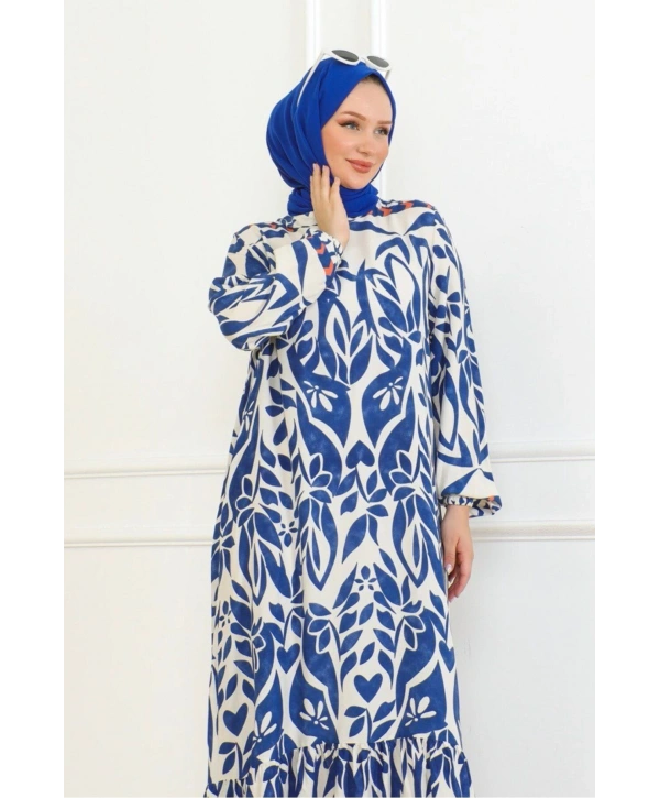 Desenli Etek Uçları Renkli Viskon Elbise - Mavi