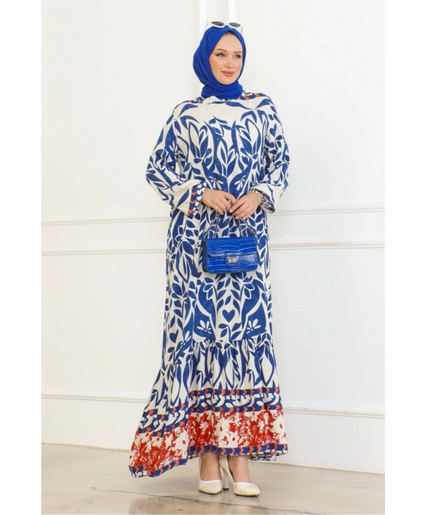 Desenli Etek Uçları Renkli Viskon Elbise - Mavi