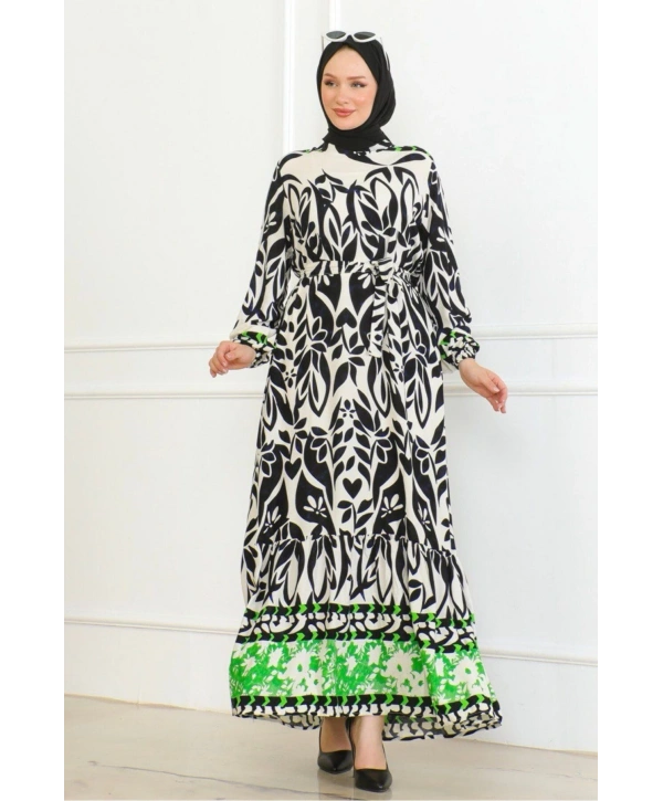 Desenli Etek Uçları Renkli Viskon Elbise - Siyah/Yeşil
