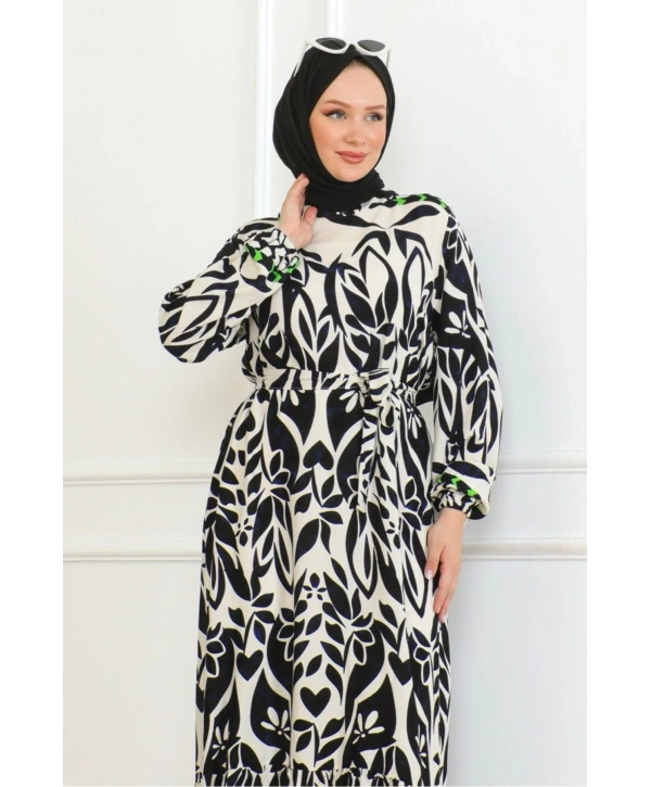 Desenli Etek Uçları Renkli Viskon Elbise - Siyah/Yeşil