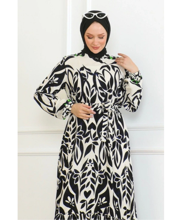 Desenli Etek Uçları Renkli Viskon Elbise - Siyah/Yeşil