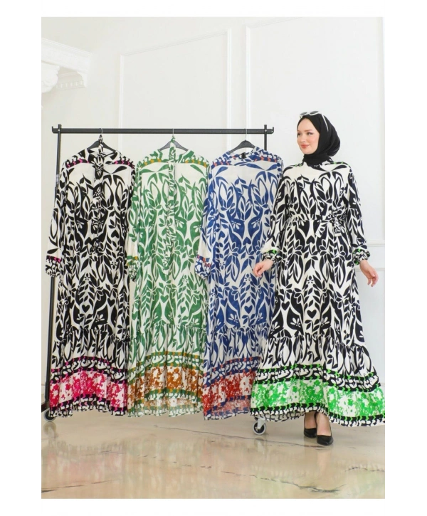 Desenli Etek Uçları Renkli Viskon Elbise - Siyah/Yeşil