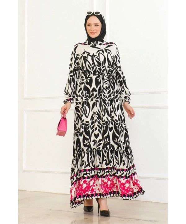 Desenli Etek Uçları Renkli Viskon Elbise - Siyah/Pembe