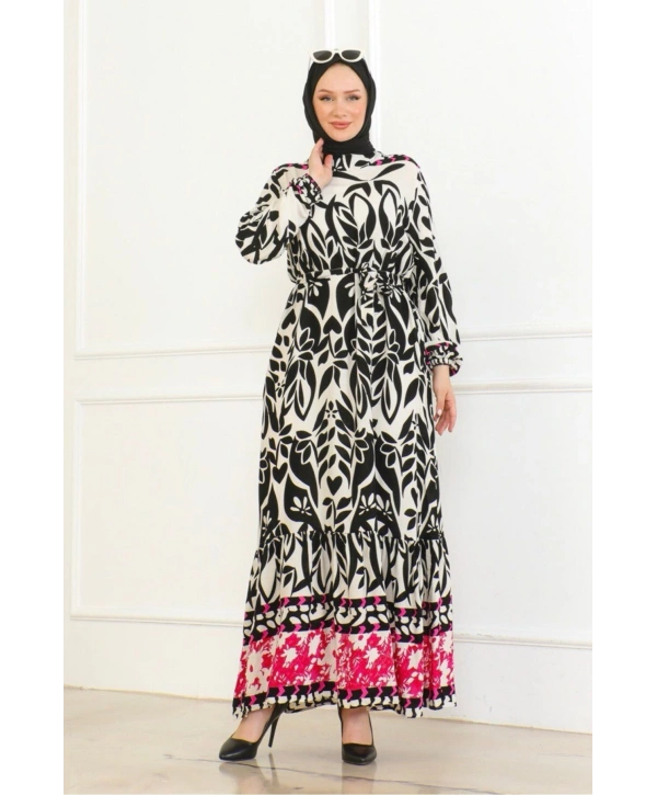 Desenli Etek Uçları Renkli Viskon Elbise - Siyah/Pembe