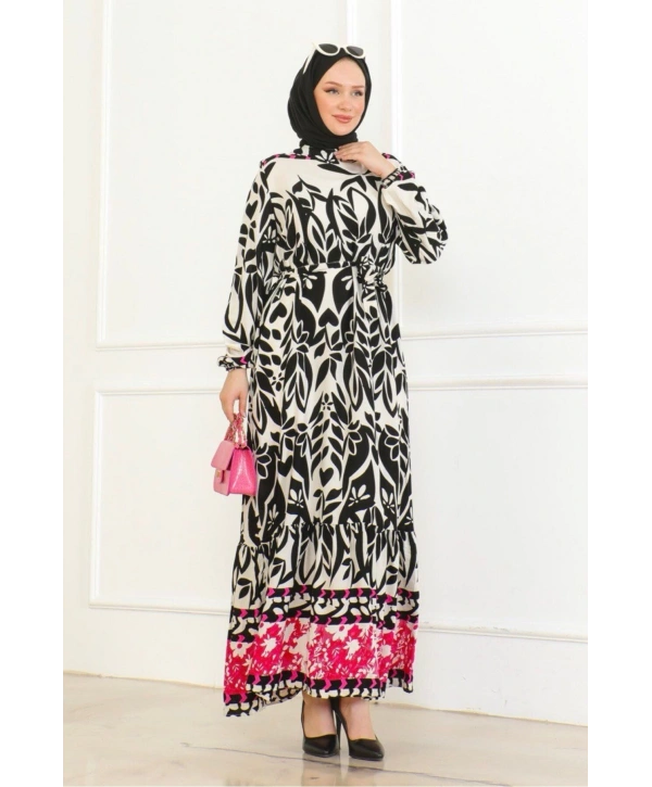 Desenli Etek Uçları Renkli Viskon Elbise - Siyah/Pembe