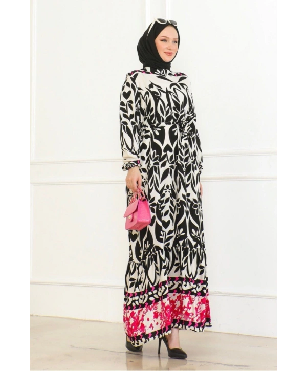 Desenli Etek Uçları Renkli Viskon Elbise - Siyah/Pembe