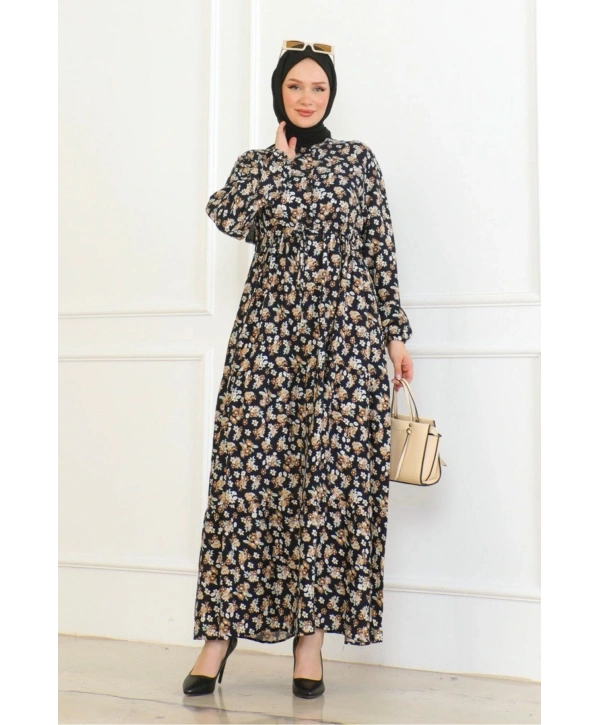 Çiçek Desenli Bağlamalı Viskon Kumaş Elbise - Lacivert