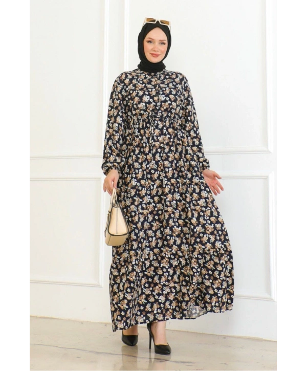 Çiçek Desenli Bağlamalı Viskon Kumaş Elbise - Lacivert