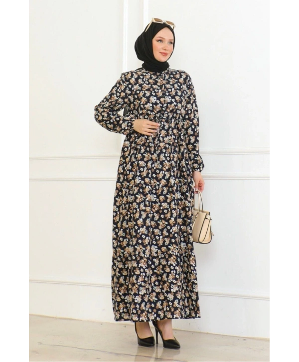 Çiçek Desenli Bağlamalı Viskon Kumaş Elbise - Lacivert