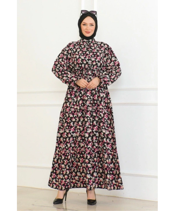 Çiçek Desenli Bağlamalı Viskon Kumaş Elbise - Gül Kurusu