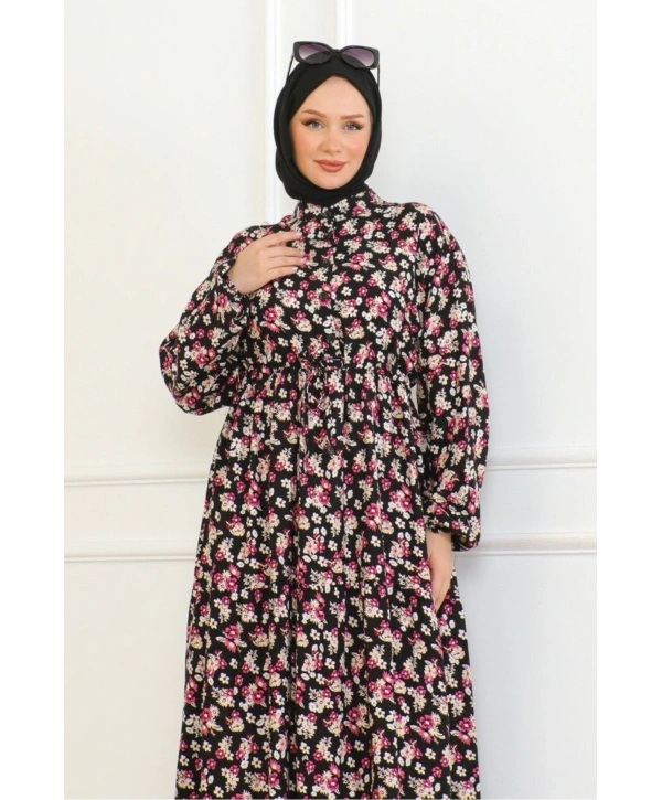 Çiçek Desenli Bağlamalı Viskon Kumaş Elbise - Gül Kurusu