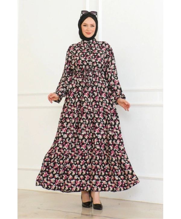 Çiçek Desenli Bağlamalı Viskon Kumaş Elbise - Gül Kurusu