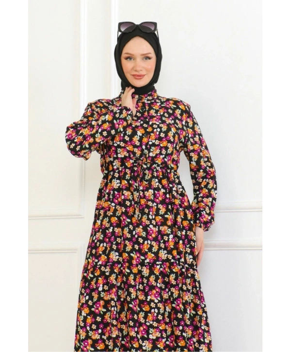 Çiçek Desenli Bağlamalı Viskon Kumaş Elbise - Turuncu/Pembe çiçekler