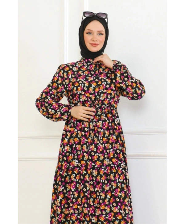 Çiçek Desenli Bağlamalı Viskon Kumaş Elbise - Turuncu/Pembe çiçekler