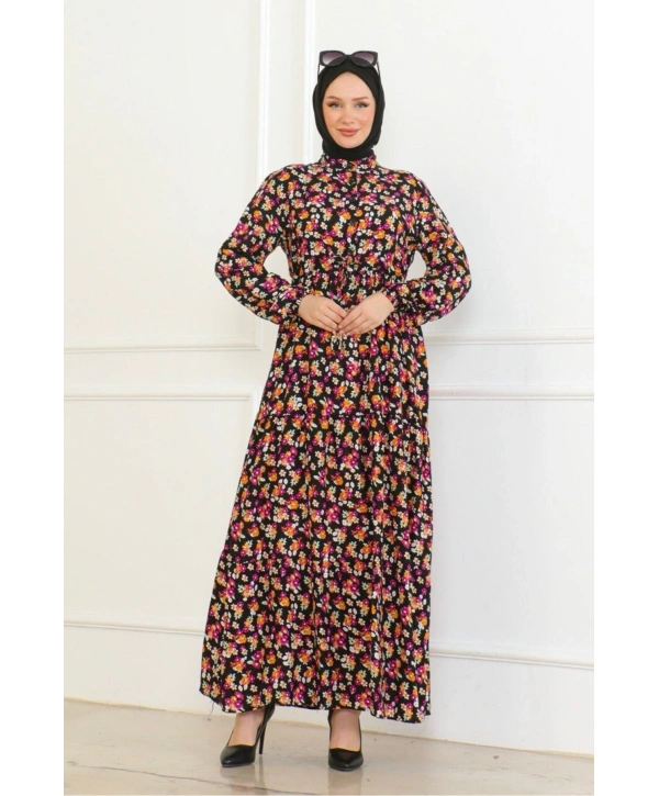 Çiçek Desenli Bağlamalı Viskon Kumaş Elbise - Turuncu/Pembe çiçekler