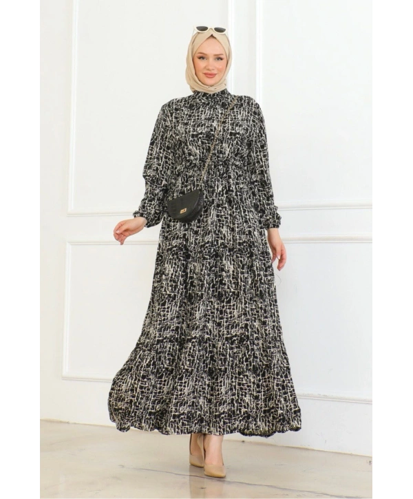 Çizgi Desenli Bağlama Detaylı Viskon Elbise - Siyah