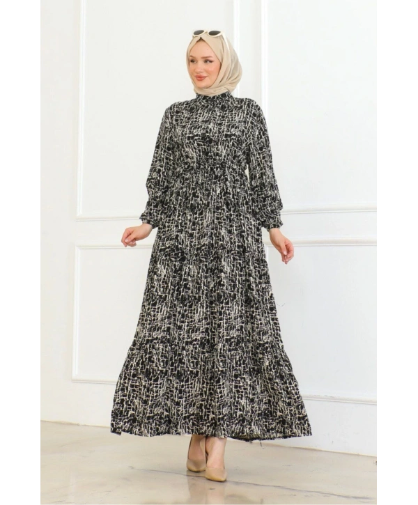 Çizgi Desenli Bağlama Detaylı Viskon Elbise - Siyah