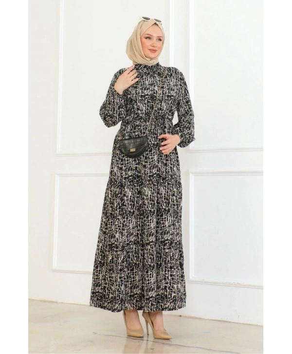 Çizgi Desenli Bağlama Detaylı Viskon Elbise - Siyah