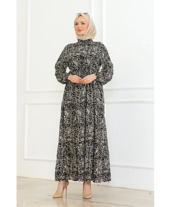 Çizgi Desenli Bağlama Detaylı Viskon Elbise - Siyah