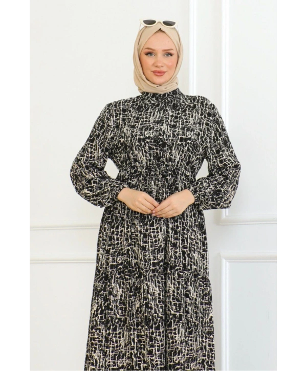 Çizgi Desenli Bağlama Detaylı Viskon Elbise - Siyah